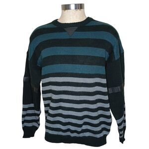 Vintage Impact Sweater Men’s Sz L Acrylic Green Black Striped 80s/90s Y2K